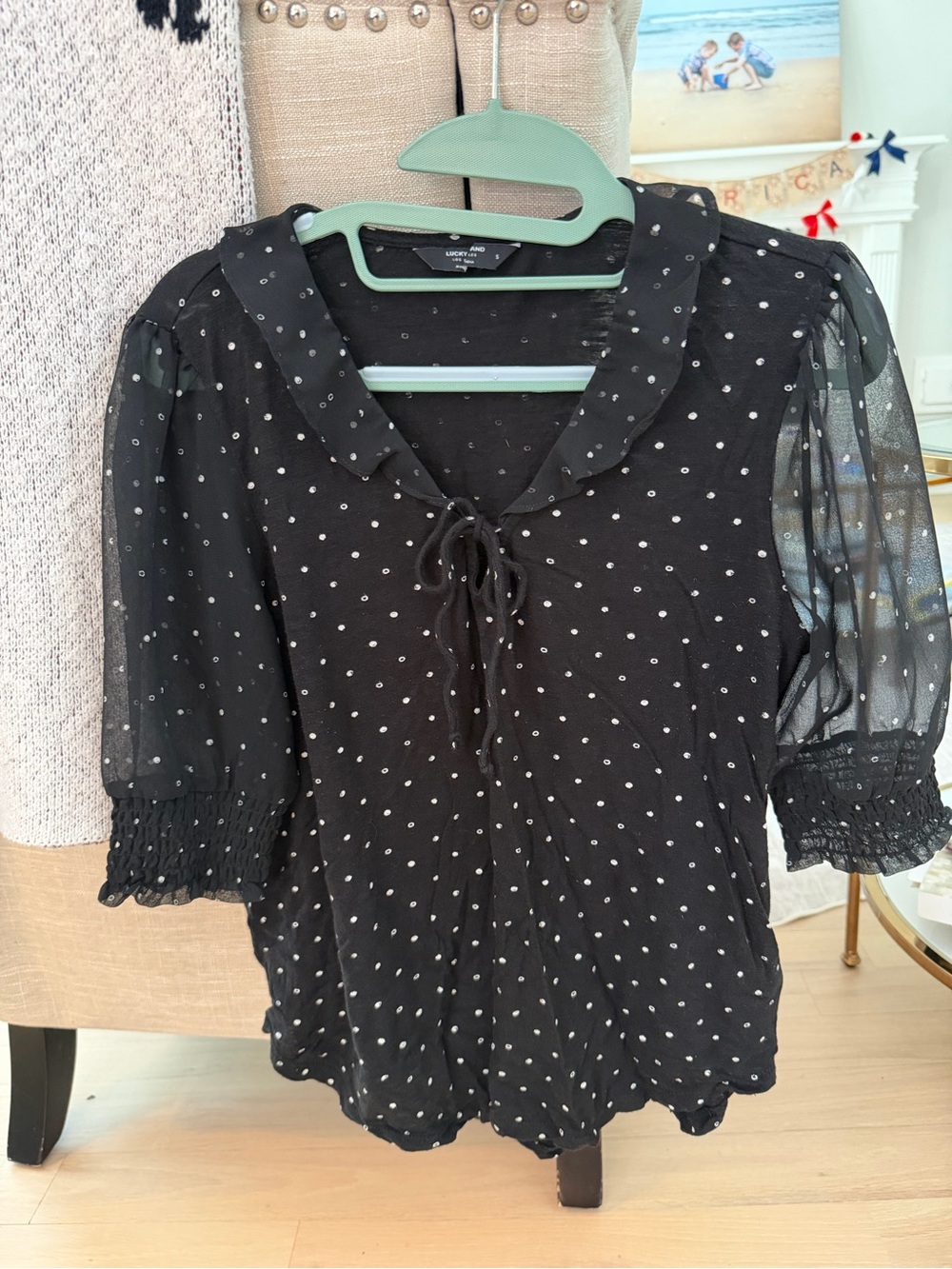 Lucky Brand Black Polka Dot Tie-Front Puff Sleeve Top